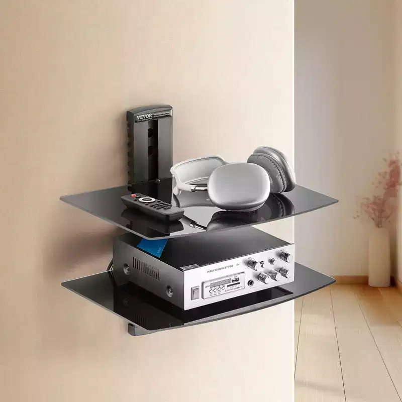 VEVOR Glass Floating Shelves, Holds up to 18 lbs, TV Wall Mount with ShelfStrengthened Floating Entertainment Center for DVD Players / PS4 -2 Tiers