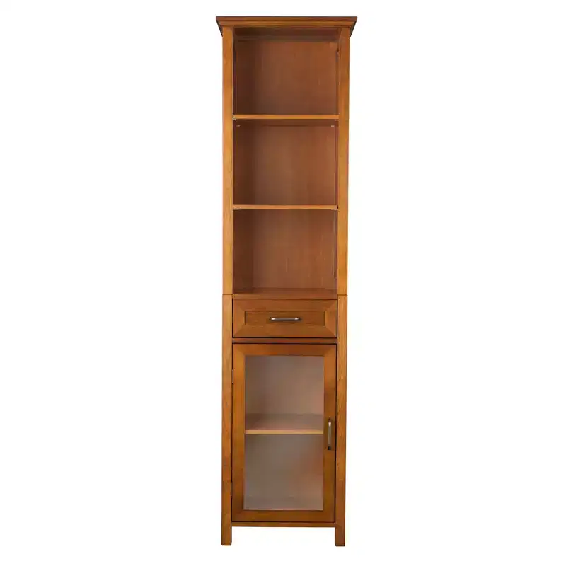 Freestanding Linen Cabinet with Glass Doors, Drawer & Shelves