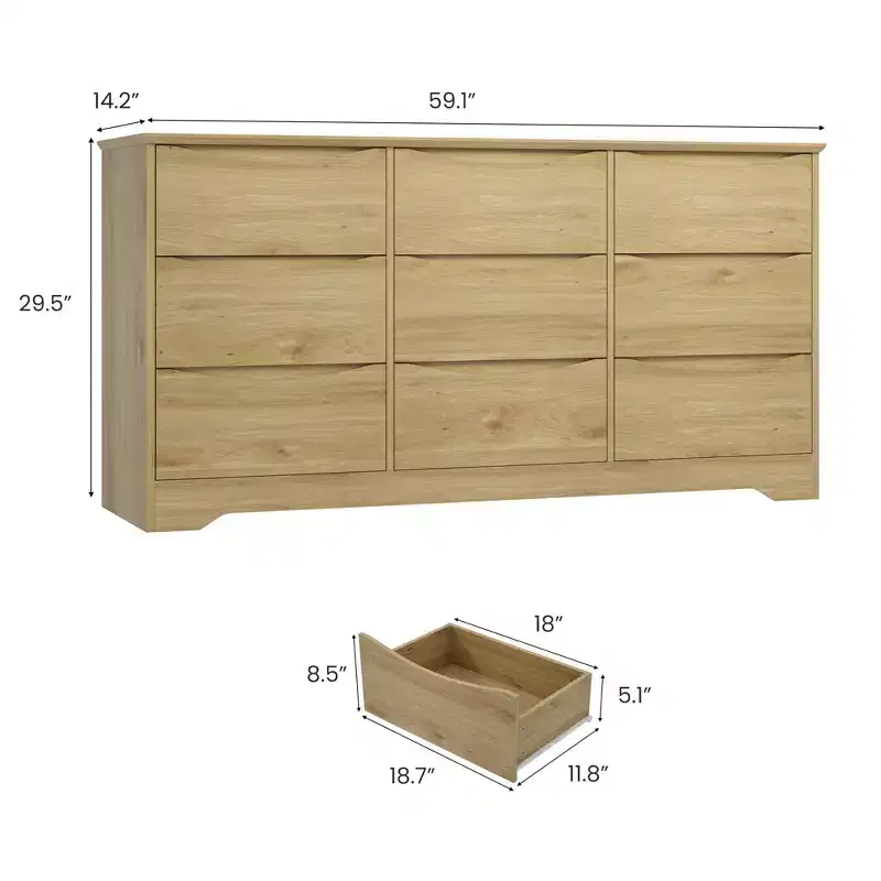 Modern Wooden Dresser with 9 Drawers, Large Chest of Drawers with Deep Storage & Wide Top, Tall Organizer for Bedroom, Living & Kids Room,Natural