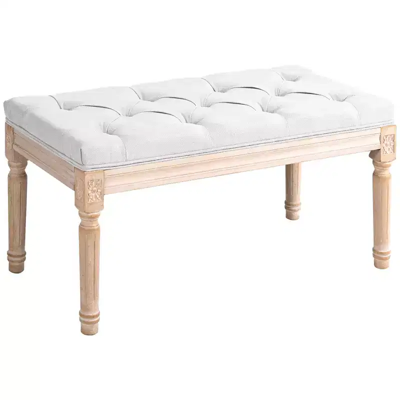 French Vintage Tufted Linen Bedroom Bench with Wood Legs