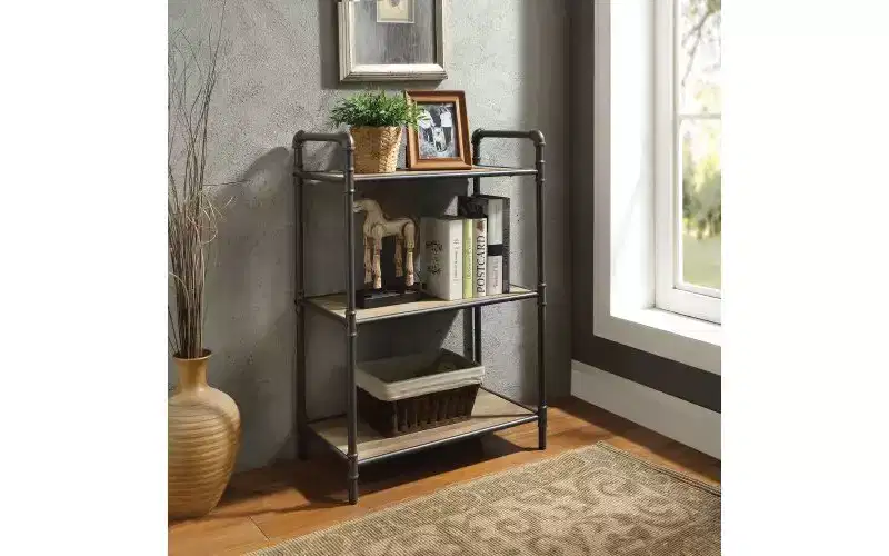 TUYOHW Rectangular Bookshelves,Open Storage Bookshelf with Round Metal Steel Tube,Bookcases for Living Room,Office,Grey+Oak