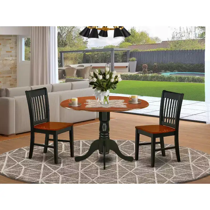 HomeStock Belmont 3Pc Rounded 42 Dining Room Table With Two 9-Inch Drop Leaves And A Pair Of Wood Seat Chairs