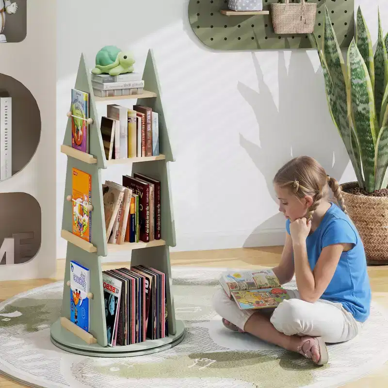 Costway Kids Rotating Bookshelf 4 Tier Tree Shape Revolving Bookcase 360 Display Rack