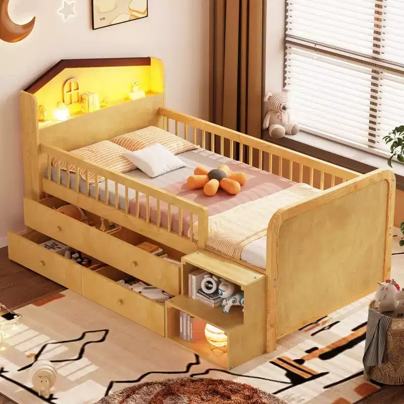 Whisen Low Twin Loft Bed with LED Lights, House Shape Headboard & Storage Drawers, Solid Construction