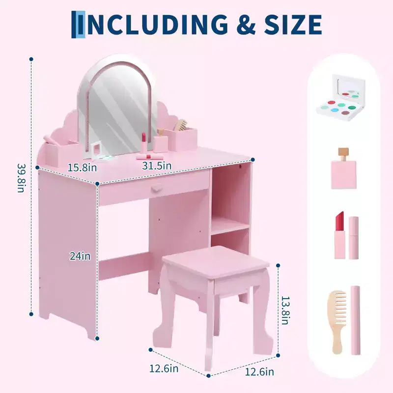 Kids Vanity with Lighted Mirror & Stool Little Girls Vanity Set with Adjustable, Storage Drawer & Shelves Wooden Makeup Playset for Ages 3-9
