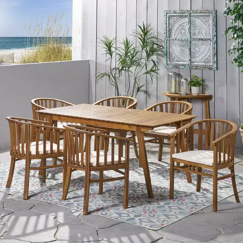 Christopher Knight Home Tamaron Outdoor Acacia Wood Expandable 7 Piece Dining Set with Cushion, Teak and Cream