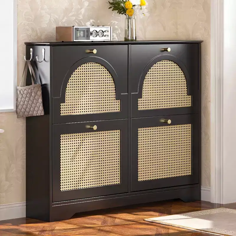 Mid-Century Narrow Shoe Cabinet with 4 Flip Drawers, 4 Rattan Doors & 2 Hooks — 42.1