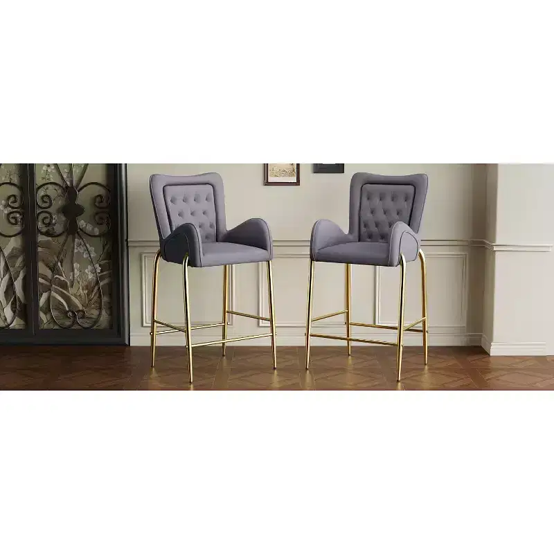 MAYEERTY Set of 2 28.75in Counter Height Bar Stools Velvet Upholstered Golden Legs With Footrest Gray for Kitchen Island