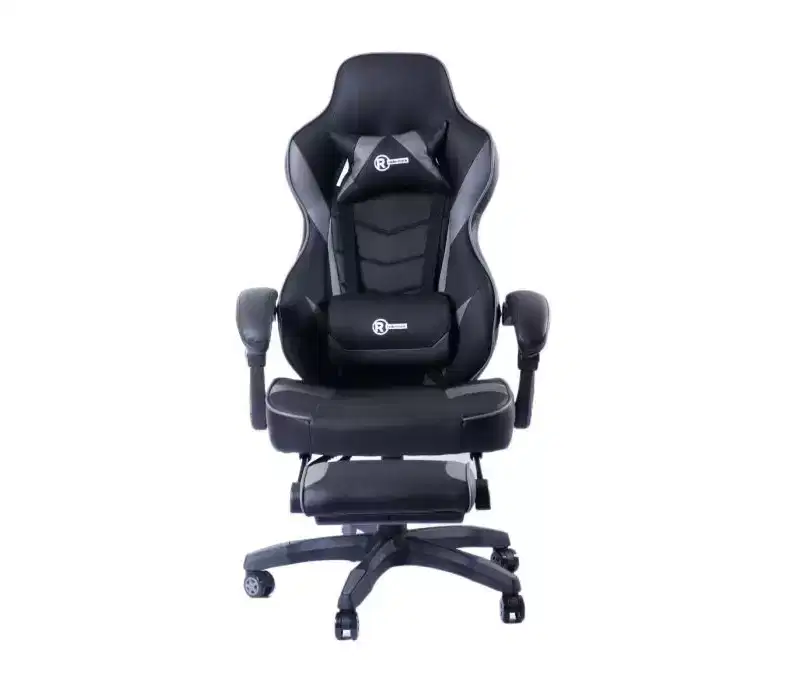 RadioShack Gaming Chair Black And Gray, Ergonomic Racing-Style Chair With Adjustable Height, Footrest, Lumbar Support, And Comfortable Padding