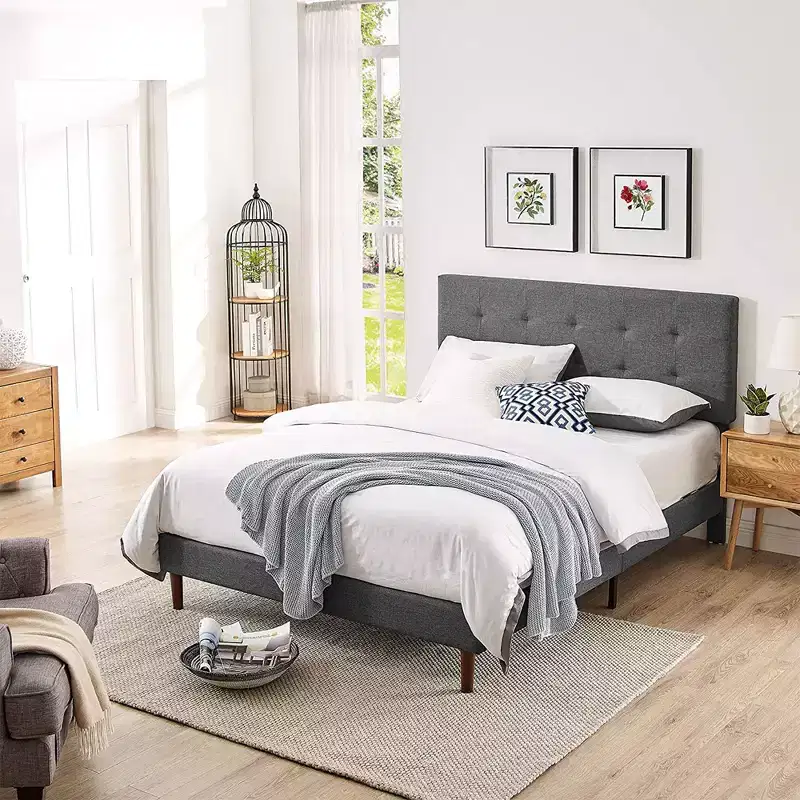 Upholstered Platform Bed with Square Stitch Headboard, Queen, Dark Grey