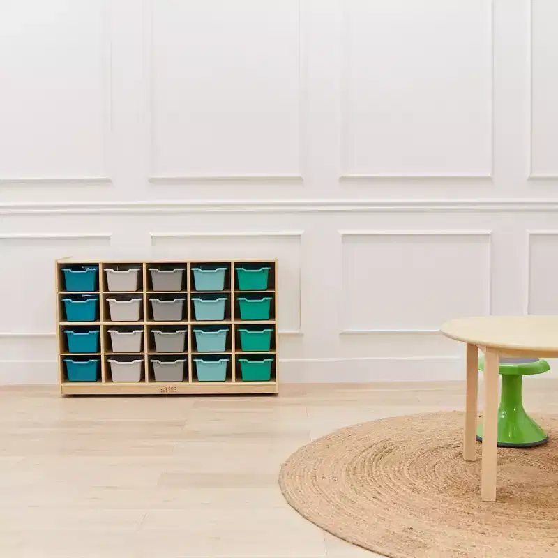 20-Cubby Mobile Tray Storage Cabinet 4x5 for Classroom or Playroom
