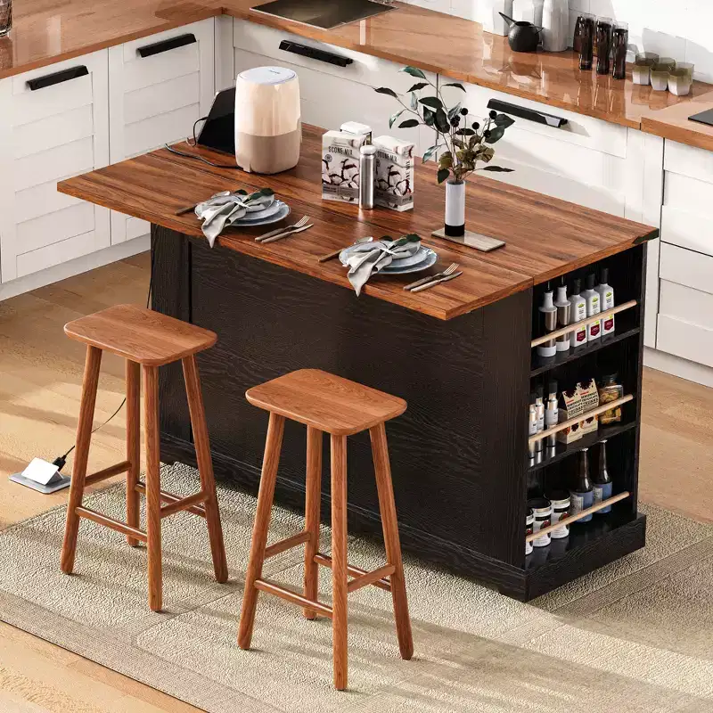 53 Farmhouse Kitchen Island with Power Outlet, Drop Leaf & Wheels - Black Rolling Cart with Glass Doors, 3 Drawers & 5 Racks