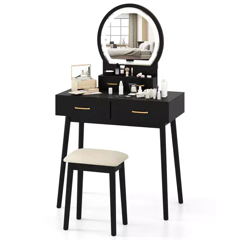Costway Small Vanity Desk w/Mirror & Lights Cushioned Stool 3 Adjustable Lighting Colors