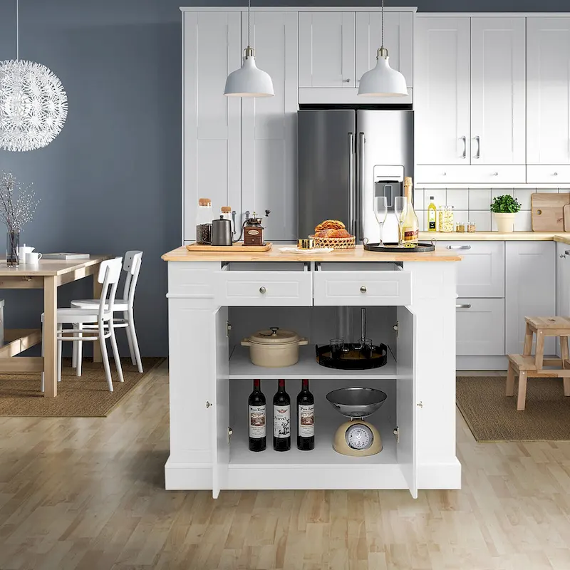 Gymax Large Kitchen Island Drop Leaf Breakfast Bar w/ Wood Top Shelves