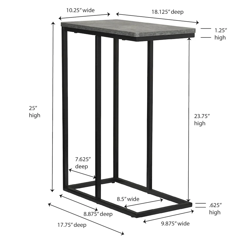 C-Shape Side Table, Faux Stone Top, Black Frame, Space-Saving Design