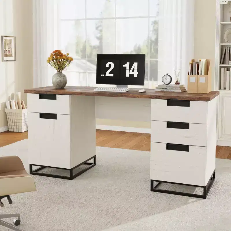 Farmhouse Executive Desk, 59 Inch Computer Desk, White Home Office Desks with File Drawer and Storage Cabinet, Wood Writing Desks for Bedroom, Home