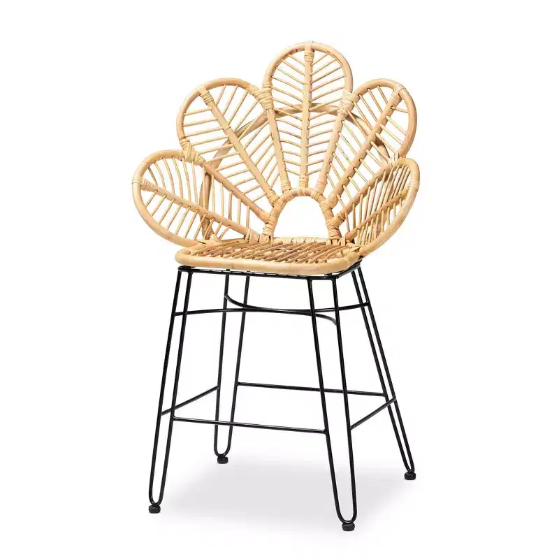 Rattan and Metal Counter Height Barstool Natural/Black - Bohemian Style, 24.5