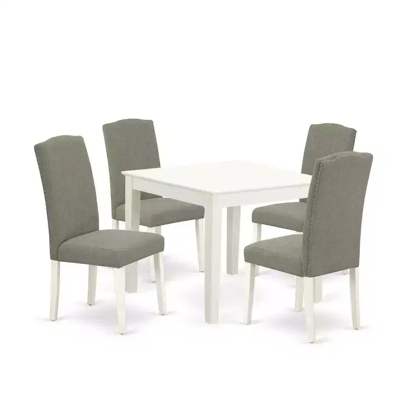 Modern 5Pc Dining Set - Square Table & 4 Chairs - Linen White Legs - Dark Shitake Fabric