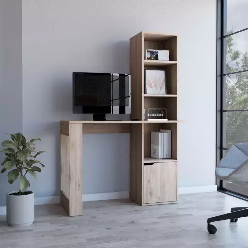 25 Computer Desk,Home Office Desk with 4-Tier Bookcase,1 Cabinet,Ample Work Surface,Writing Desk for Bedroom,Study,Small Spaces