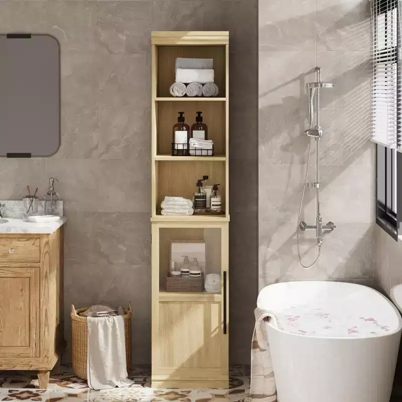 Tall Storage Cabinet with Glass Door, 70 Bathroom Storage Cabinet with Adjustable Shelves for Small Spaces