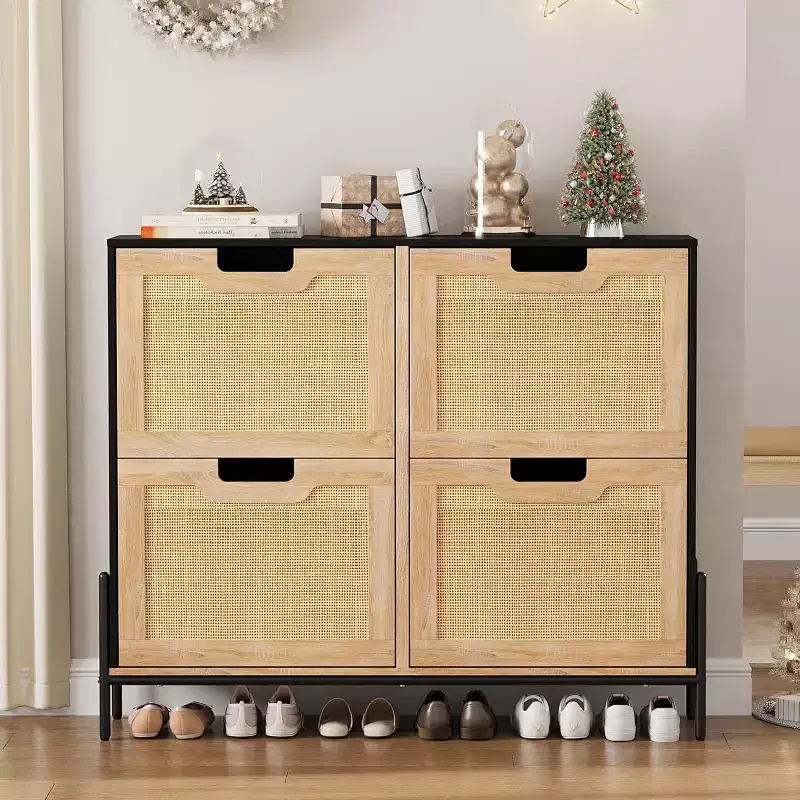 Freestanding Rattan Shoe Cabinet with Four Flip Drawers, Hidden Shoe Storage Unit, Slim Space-Saving Shoe Rack for Entryway, Hallway, Living Room