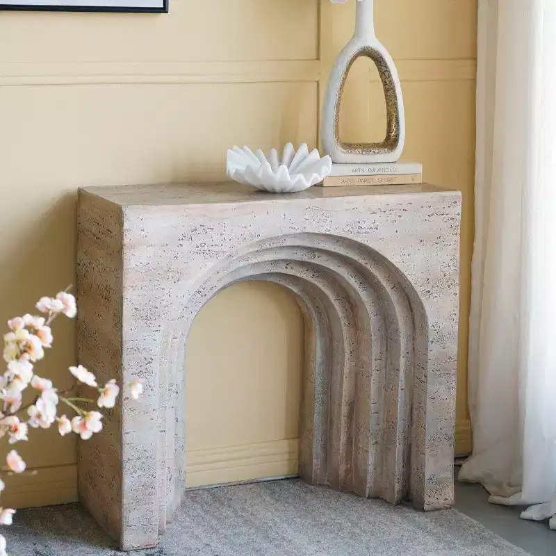 GDFStudio Jungkook Modern Lightweight Concrete Arched Sculptural Console Table with Faux Travertine Finish