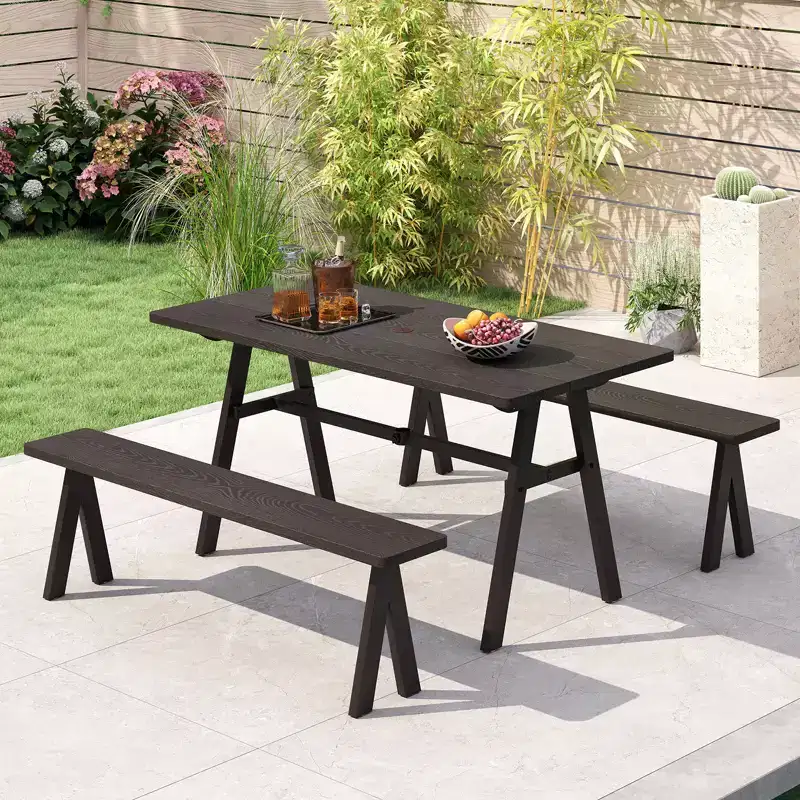 Costway 3 PCS Outdoor Picnic Table and Benches Set for 6 People 1.93 Umbrella Hole