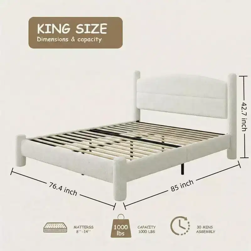 Coolmee King Size Boucle Upholstered Platform Cloud Bed Frame Soft Round Headboard Cylindrical Legs Heavy Duty Noise Free Design
