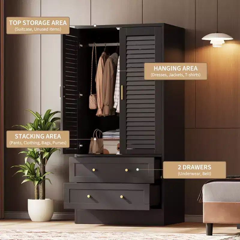 GustoWave 65 Louvered Armoire Wardrobe, Wood Closet with 2 Doors & 2 Drawers, Hanging Rod Storage for Bedroom