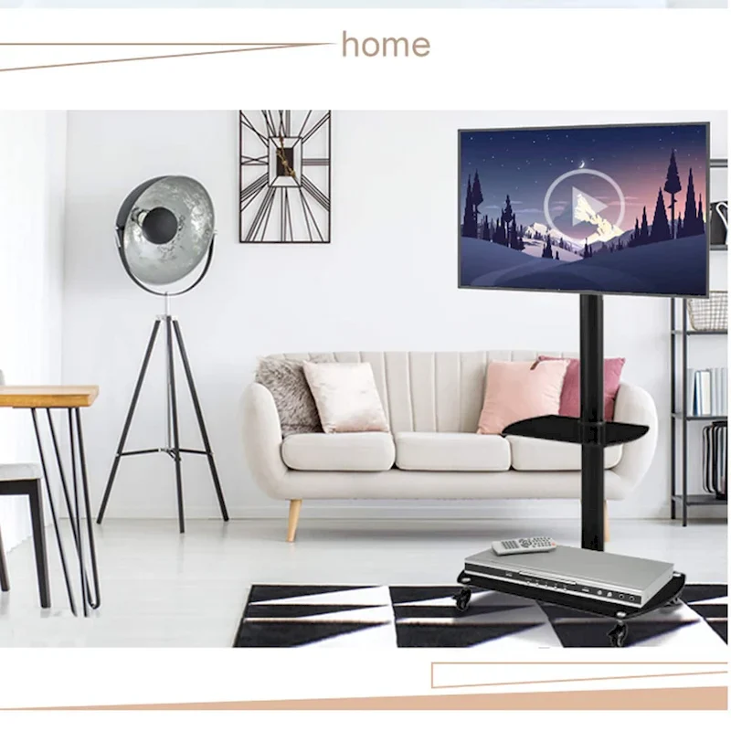 Rolling TV Stand with Tempered Glass Shelves and Lockable Wheels