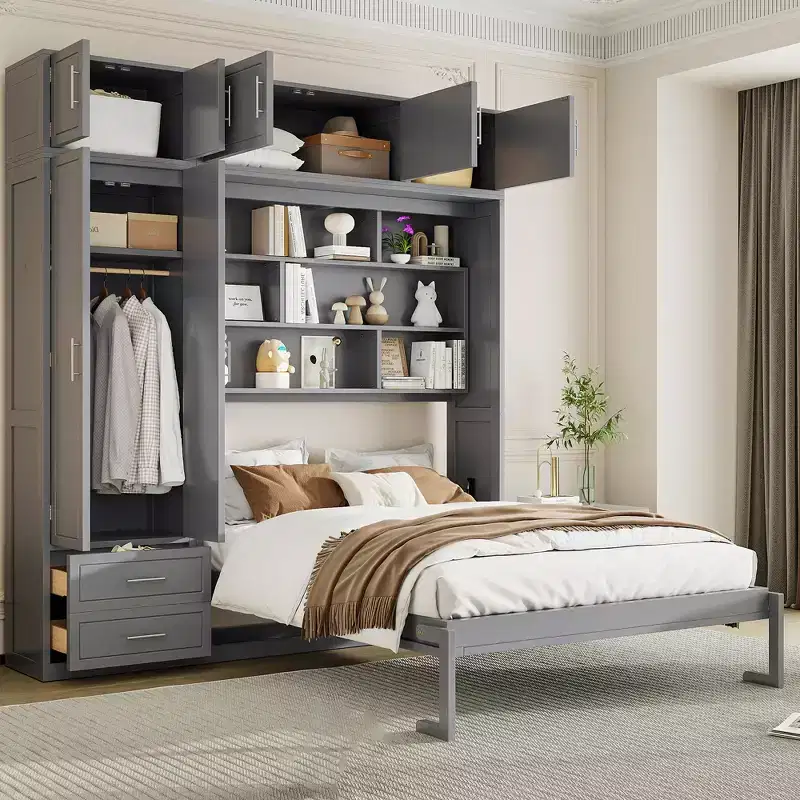 Queen Murphy Bed Wall Bed with Wardrobe, Queen Size Cabinet Bed Folding Wall Bed with Storage Cabinet and Shelves for Guest Room