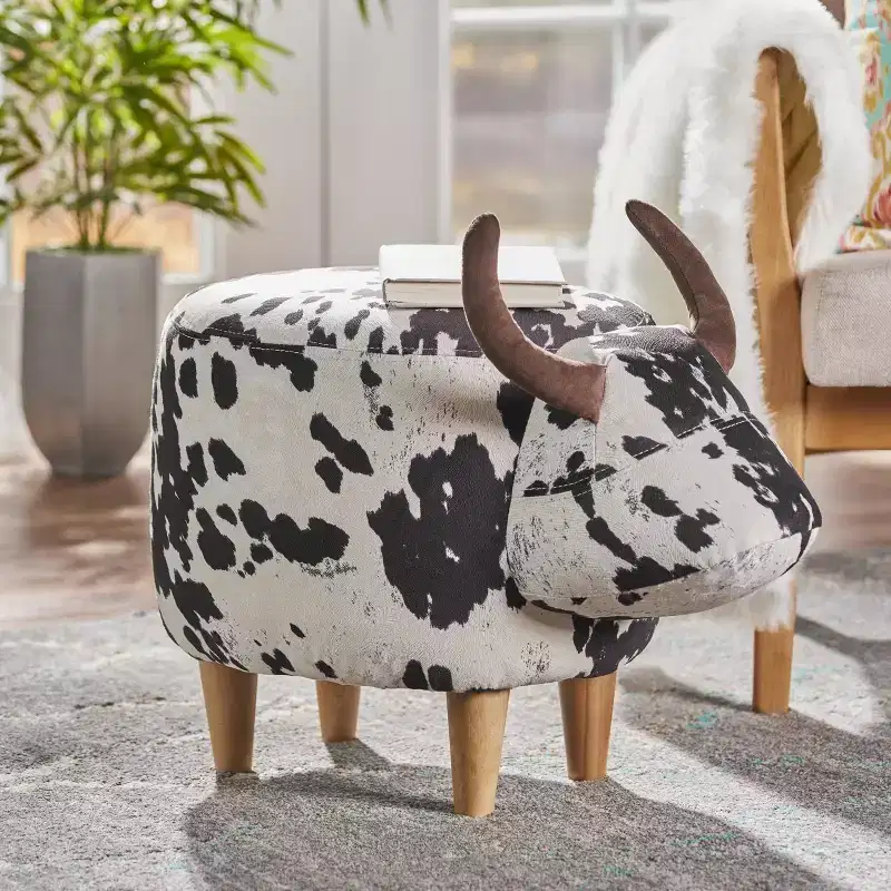 GDFStudio Moria Modern Rubber Wood Velvet Cow Ottoman