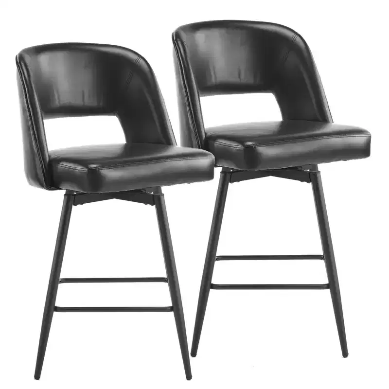 Brown PU Leather Bar Stools With Hollow Backrest, Iron Legs, Swivel
