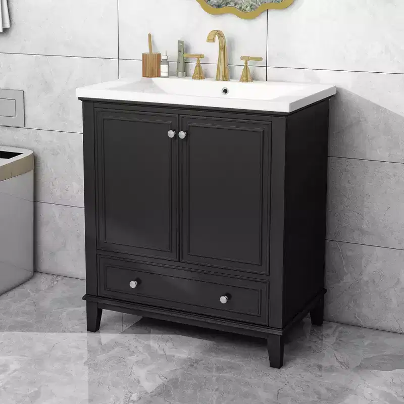 30 Bathroom Vanity with Sink Combo, Multi-functional Bathroom Cabinet with Doors and Drawer Black