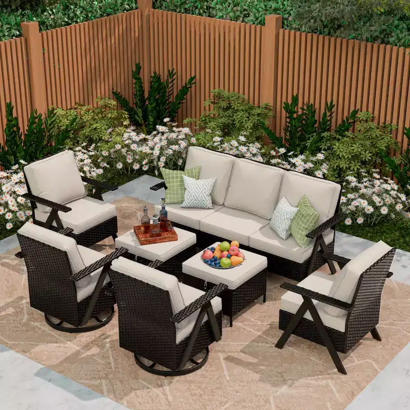 UPTIOT Outdoor 7-Piece Seating Set: 3-Seater Sofa, 2 Swivel Rockers, 2 Single Chairs & 2 Ottomans for Patio Comfort