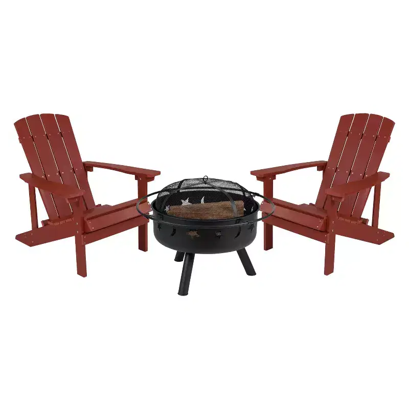 Flash Furniture 3 Piece Charlestown Poly Resin Wood Adirondack Chair Set with Fire Pit - Star and Moon Fire Pit with Mesh Cover