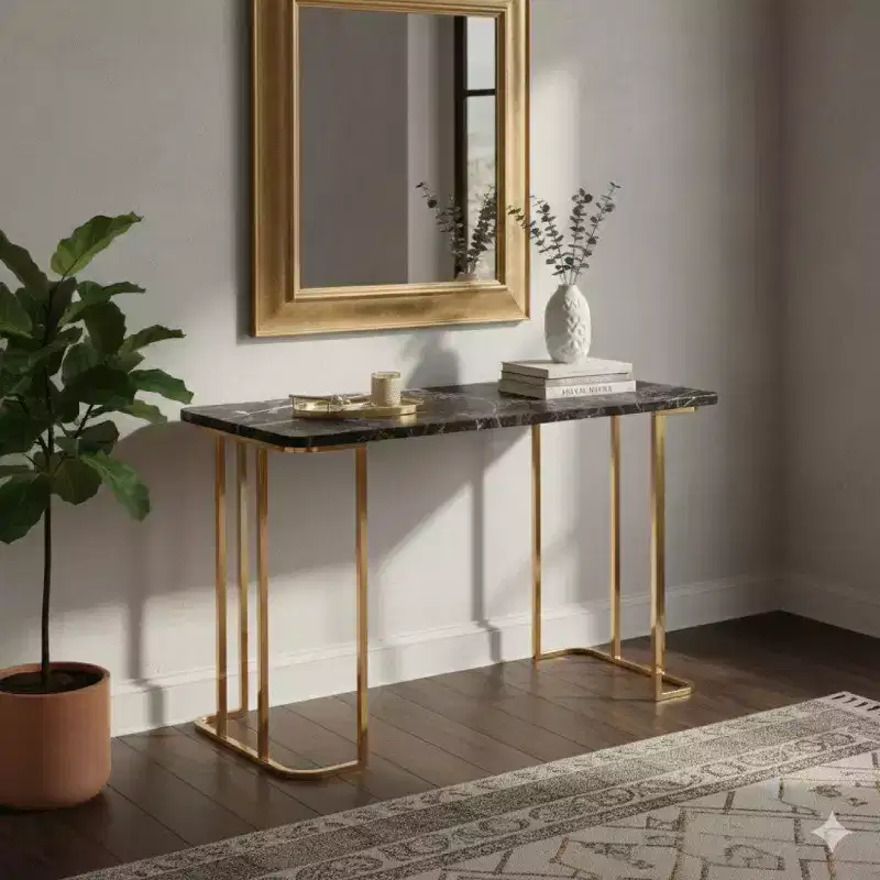 Royal Hampton 47 Inch Desk, USB Power Outlet, Gold Metal Legs, Black Faux Marble
