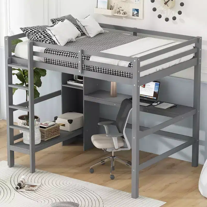 Pine Wood & MDF Full Size Loft Bed with Desk and Shelves, 67.5