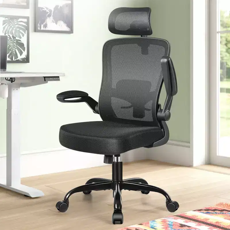 KERDOM Headrest Desk Chair with Adjustable Lumbar Support, Home Office Swivel Task Chair with High Back and Armrest, Black