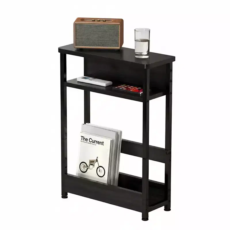 Slim 3-Tier Industrial Side Table – Space-Saving End Table with Storage Shelves & Magazine Rack