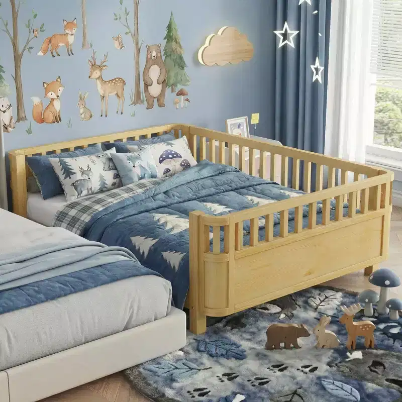 Full Size Wood Platform Bed for Kids, Low Profile Natural Wooden Bed with Safety Rails for Boys & Girls