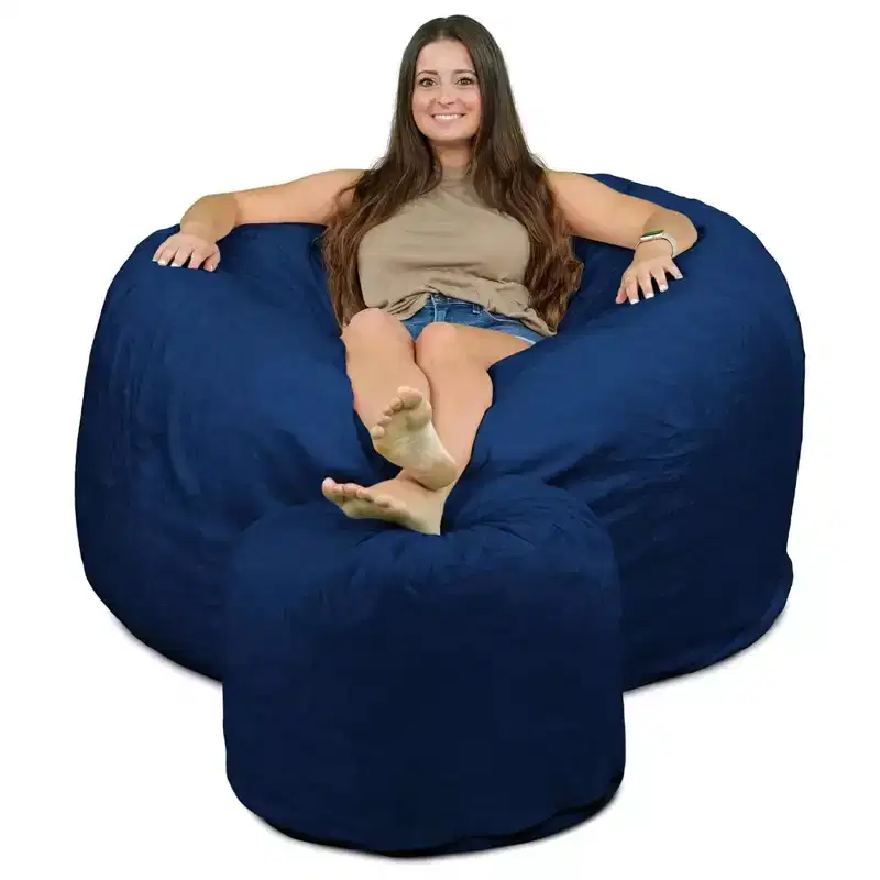 Ultimate Sack 5 Ft Foam Filled Fur Covered Bean Bag Chair with Footstool, Navy