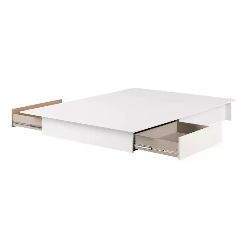 2 Drawer Platform Bed, Pure White — Contemporary Solid Wood & MDF Frame, Under Bed Storage