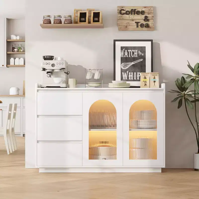 Wood Composite Sideboard Long Rainbow Glass Dining Cabinet with Durable Wood Composite, Elegant Glass Design, Spacious Storage, Modern Style