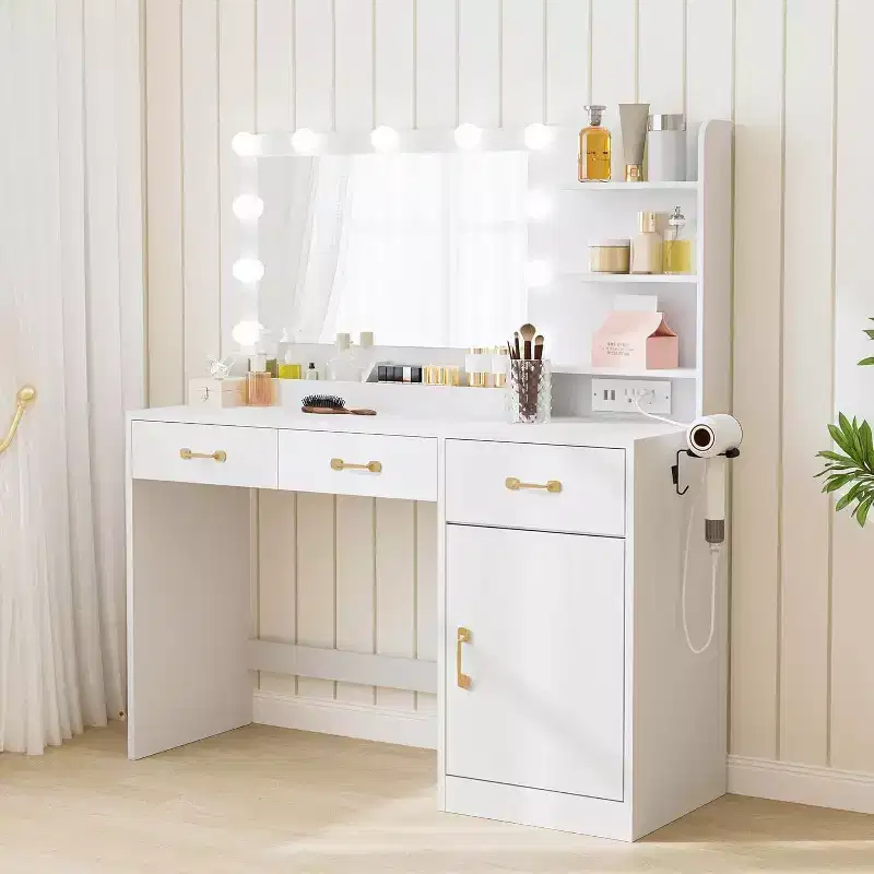 Vanity Desk with Mirror, LED Lights and Power Outlet – 3 Drawers & Storage Shelves