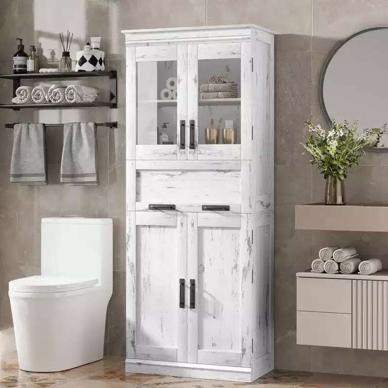 Coolmee 67 inch Tall Bathroom Cabinet with 4 Doors & Flip Glass Drawer, Storage Cabinet with Adjustable Shelves, Freestanding Organizer for Home