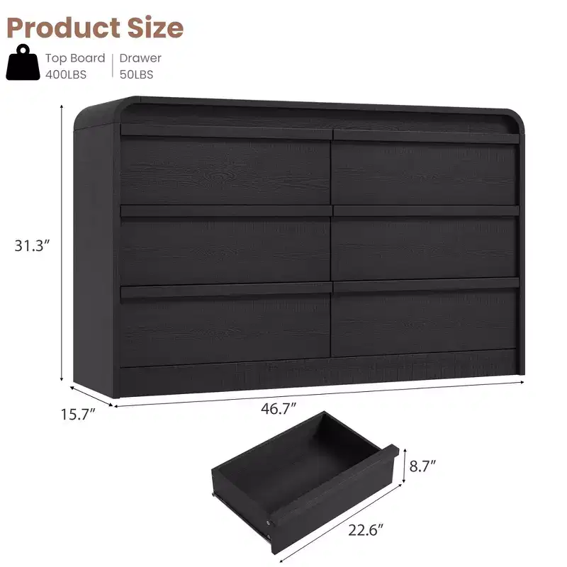 47 Mid Century Modern 6-Drawer Wooden Dresser with Curved Design - Bedroom Storage in Natural Wood Finish