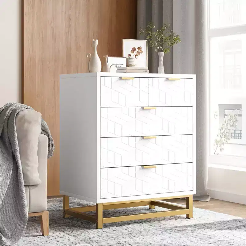 Chest of Drawers, White Elegant Scandinavian 5-Drawer Unit, Multi-Purpose Storage for Bedroom Living Room