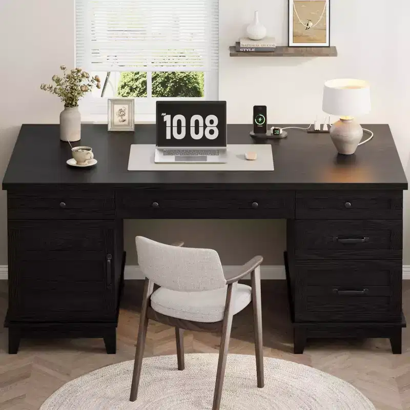 Double Workstation Desk for Home Office, Extra-Large Desk with Adjustable Storage Cabinets, Full-Extension Drawers & Charging Station