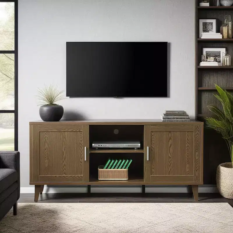 Medieval Modern 60-inch TV Stand, Entertainment Center with Two Doors and Cable Management, Fits TVs 65 inches and under, Walnut